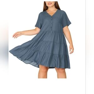 Smokey Blue Button-Down Midi Dress. Boho, Cottagecore, Rayon Blend 3x